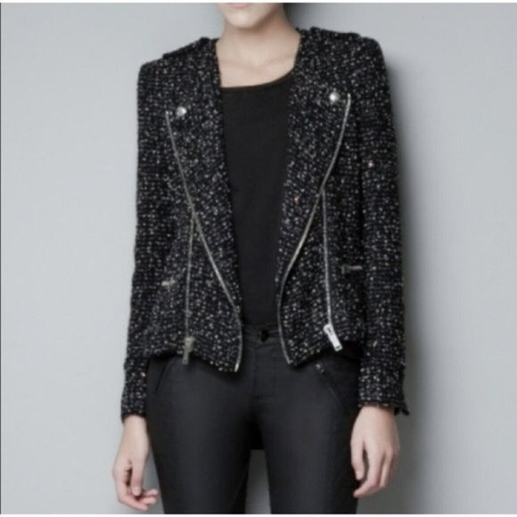Zara Jackets & Blazers - ZARA WOOL Moto JACKET BLAZER Black Divine Fantasy tweed Sequin Boucle SMALL